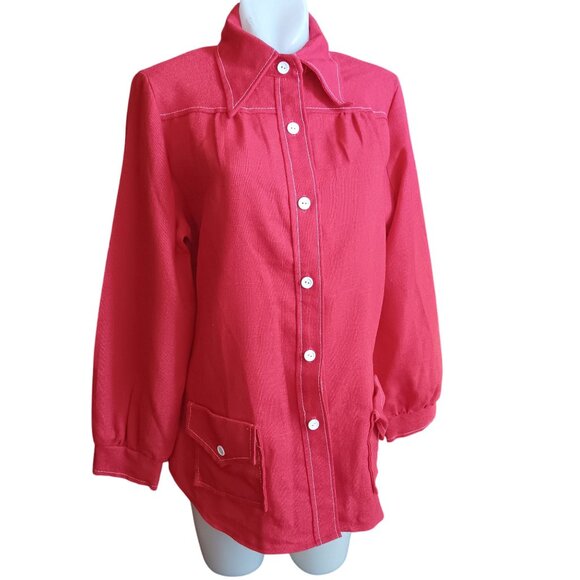 Vintage Medium Wome's Mod Jacket Shirt 1970's Sears Red Burlap granny Pockets - Picture 3 of 6